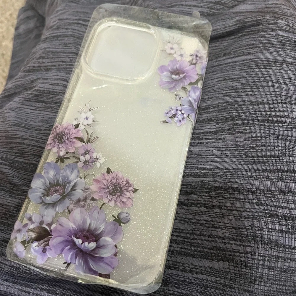 Luxury Purple Floral Glitter Case for iPhone 14 Pro Max – Shockproof Clear